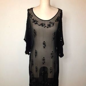 Vintage sheer black embroidered dress with adheres sequin & short flutter sleeve
